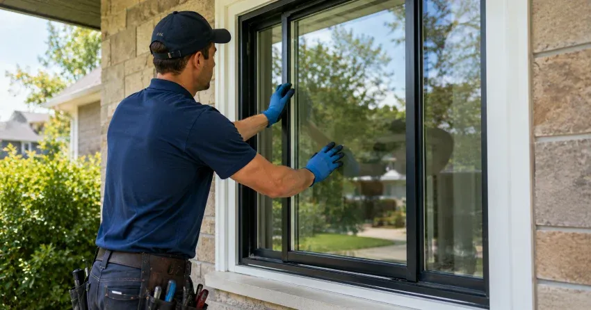 technician measuring a broken window pane for replacement in Fairview, Mississauga
