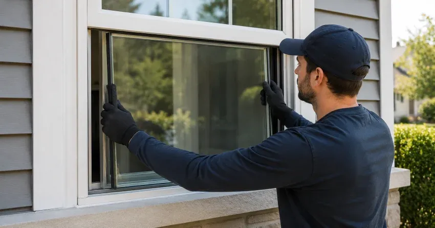 technician boarding up broken window during emergency glass repair Meadowvale, Mississauga