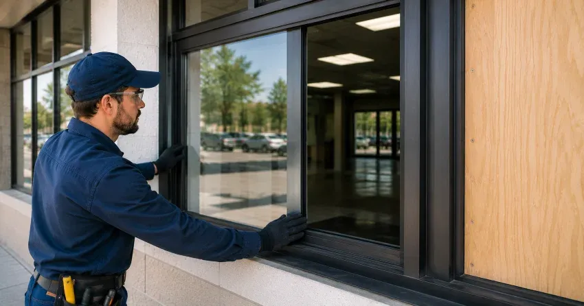 technician boarding a broken window after a break-in in Hurontario, Mississauga