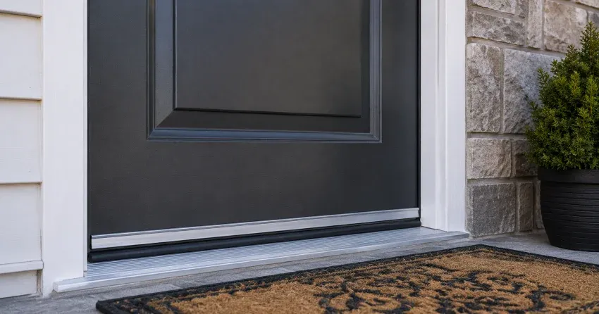 technician replacing worn door weatherstripping in Churchill Meadows, Mississauga home