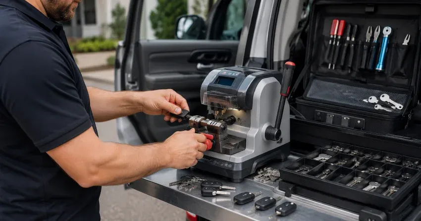 technician cutting a replacement car door lock key in Lakeview, Mississauga