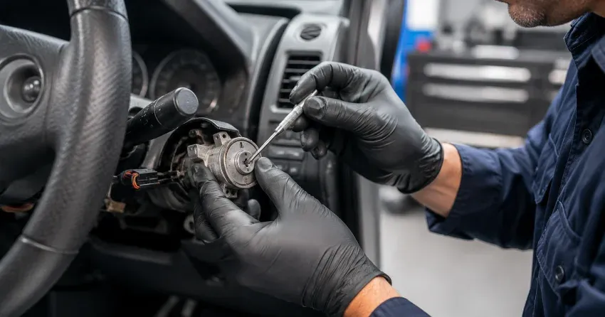 technician diagnosing an ignition lock repair issue in Rathwood, Mississauga