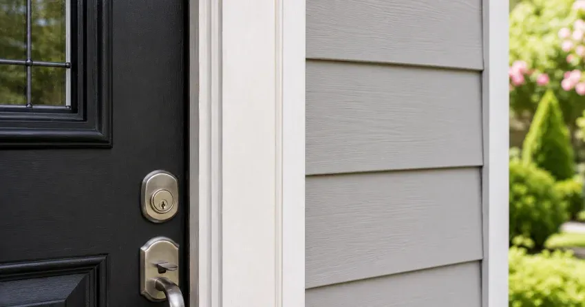 technician inspecting door jamb behind cracked casing in Dixie, Mississauga home