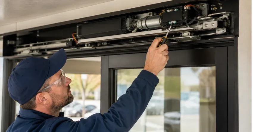 technician completing automatic door repair on residential property in Mississauga