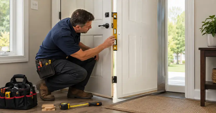 technician diagnosing a misaligned door frame in Mississauga