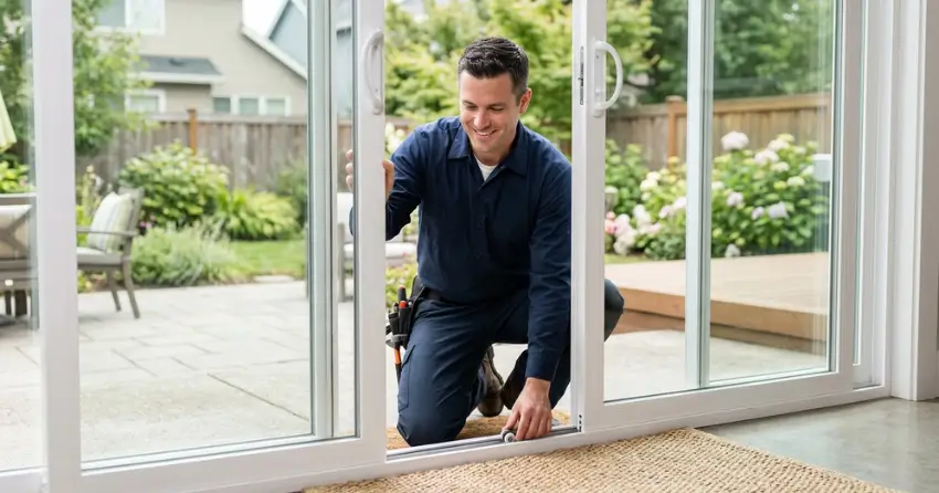 technician diagnosing a sticking patio door in Lisgar, Mississauga