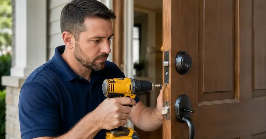 technician installing a new deadbolt during Change Door Lock Rathwood, Mississauga service