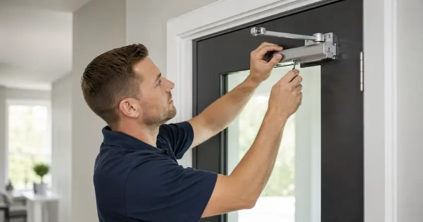 technician adjusting door closer hydraulic valve in Erindale, Mississauga home