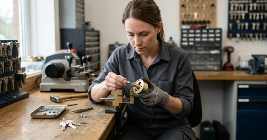 locksmith technician rekeying a deadbolt in Mississauga