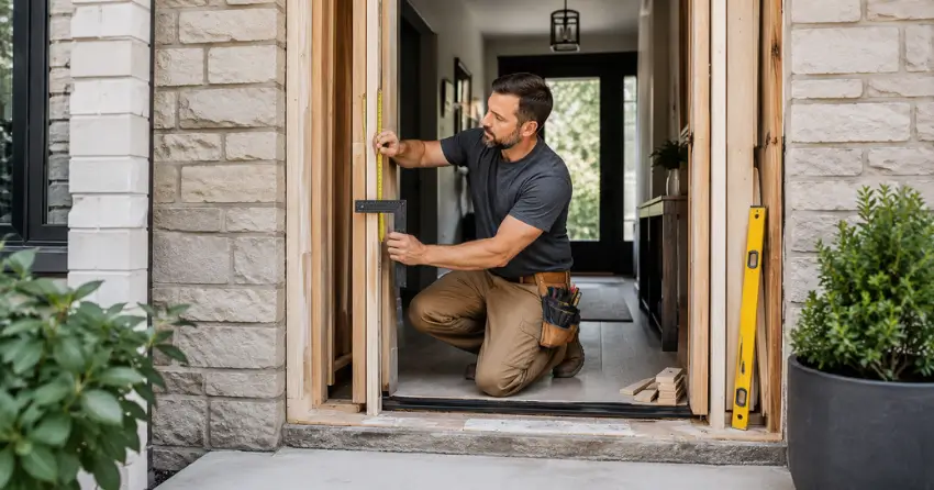 exterior door installer assessing rough opening in Streetsville, Mississauga