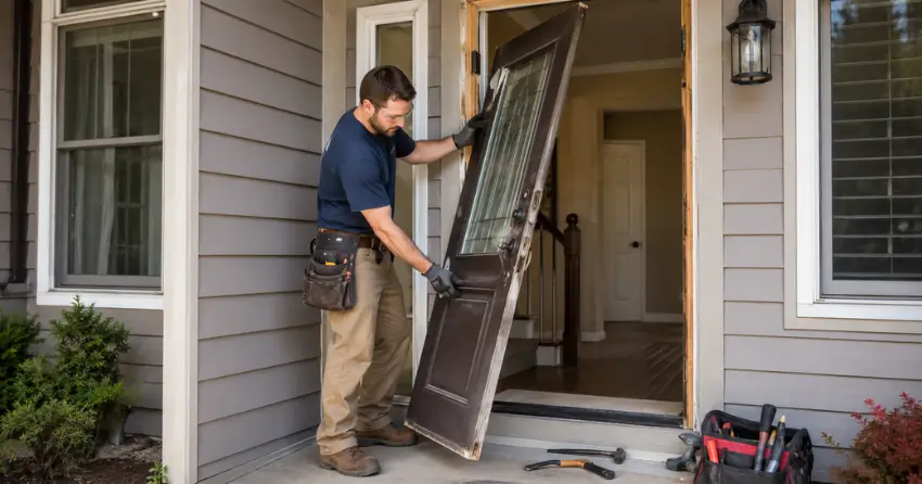 old exterior door being removed for replacement in Fairview, Mississauga