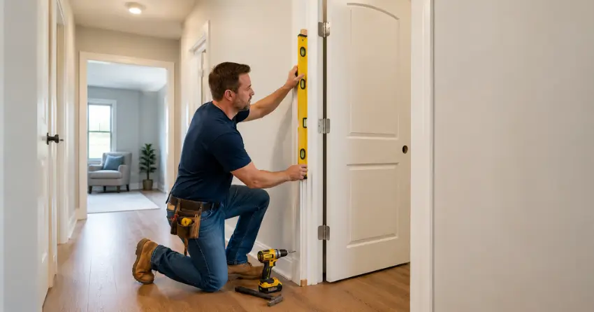 technician installing a pre-hung interior door in a home hallway Streetsville, Mississauga