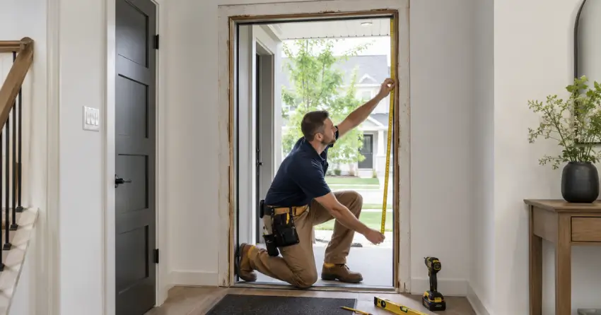 technician measuring a door frame before new door installation in Mississauga
