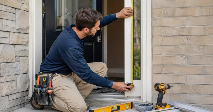 technician measuring door frame before storm door install in Meadowvale, Mississauga