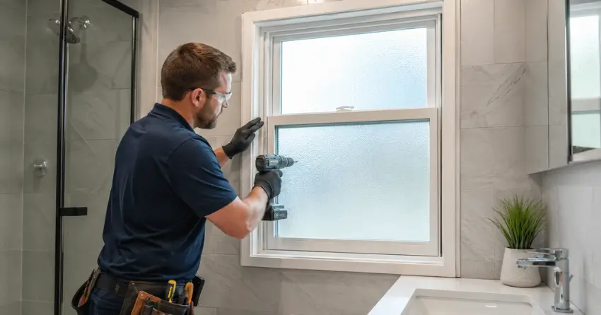 frosted glass installation bathroom window in Lorne Park, Mississauga