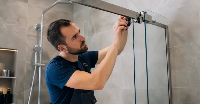 technician adjusting shower door hinge and track in Port Credit, Mississauga