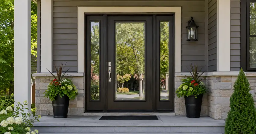 glass entry door with sidelights on a home in Rockwood Village, Mississauga