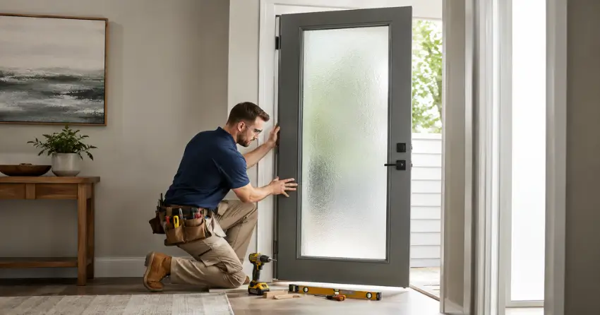 glass panel door installation with frosted privacy glass in residential setting in Central Erin Mills, Mississauga
