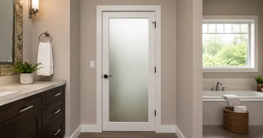 frosted glass panel bathroom door installed in a Churchill Meadows, Mississauga home