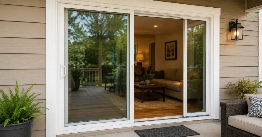 Patio Door Installation technician setting a new frame in Rathwood, Mississauga