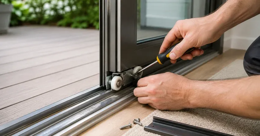 sliding door fix Port Credit, Mississauga technician diagnosing track issue