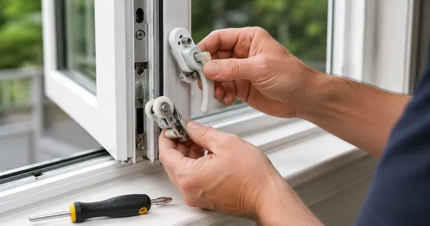 technician performing broken window repair Mississauga on a sliding window