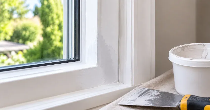 technician repairing rotted window frame corner in Churchill Meadows, Mississauga