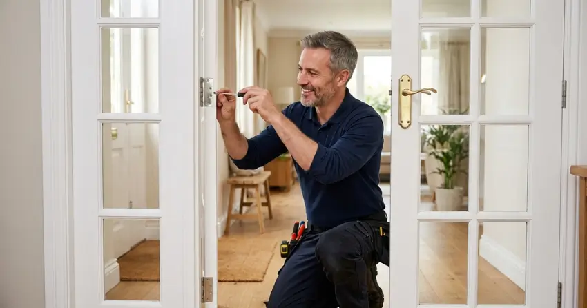 technician adjusting French door hinge for proper alignment in Fairview, Mississauga