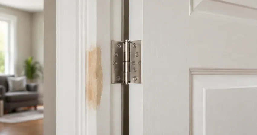 technician checking a warped door against a straightedge in Lorne Park, Mississauga