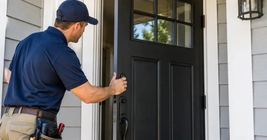 technician adjusting door hinge and strike plate in Mississauga home