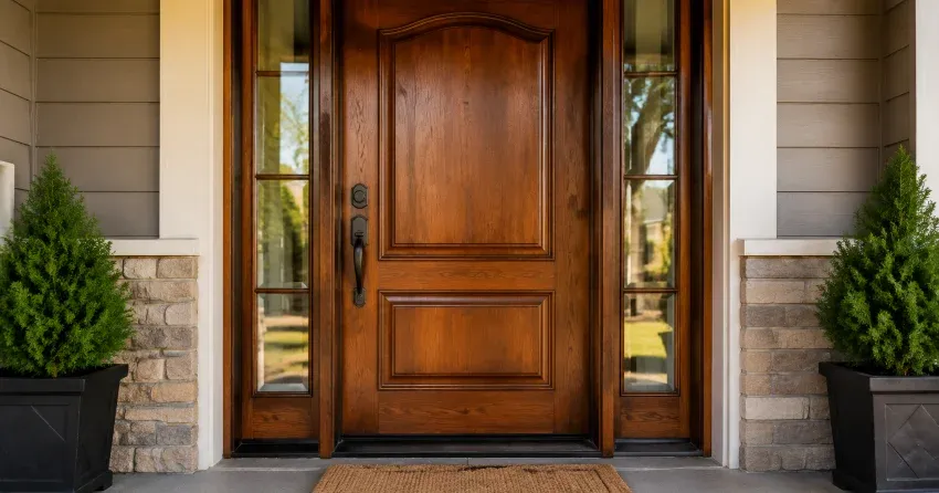 wood door mid-restoration showing stripped bare wood in Lisgar, Mississauga