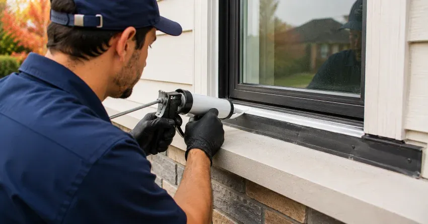 technician inspecting window flashing for leak source in Mississauga
