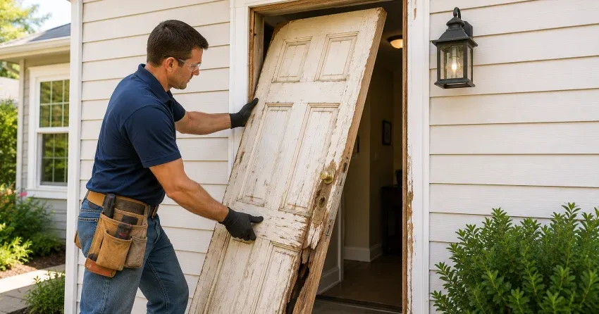 warped exterior door frame showing weather damage in Fairview, Mississauga