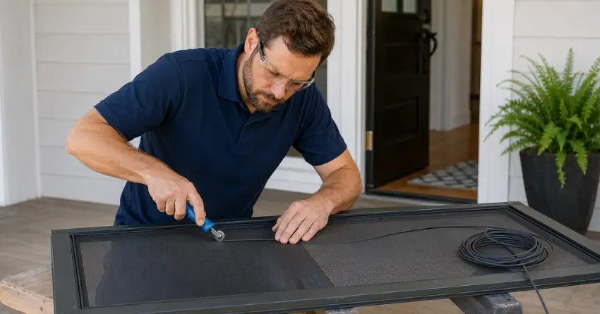 technician replacing screen door mesh and spline in Rockwood Village, Mississauga