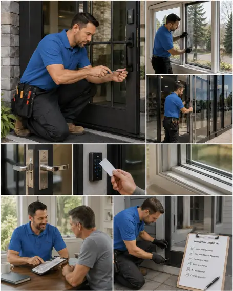 A technician adjusting a patio door roller assembly on site